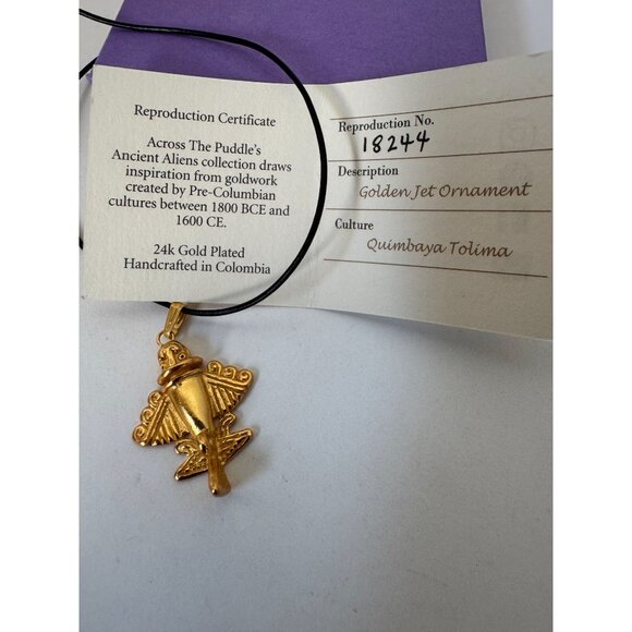 24K Gold Plated Quimbaya Tolima Pendant Necklace On Black Cord - Picture 2 of 11